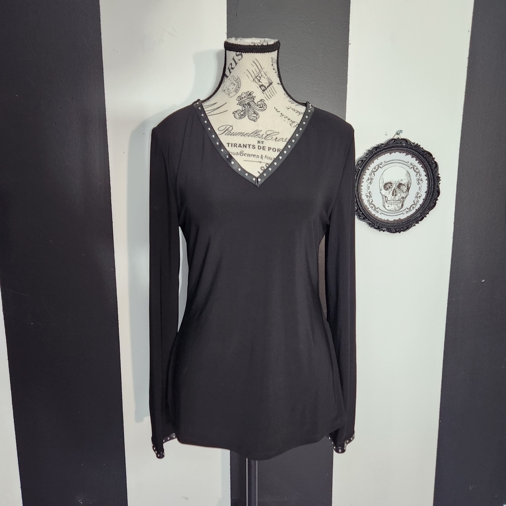Joseph Ribkoff Black Long Sleeve V-Neck Top with Stud Trim